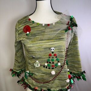 Vintage Green Holiday Sweater with Festive Accents ugly tree Christmas